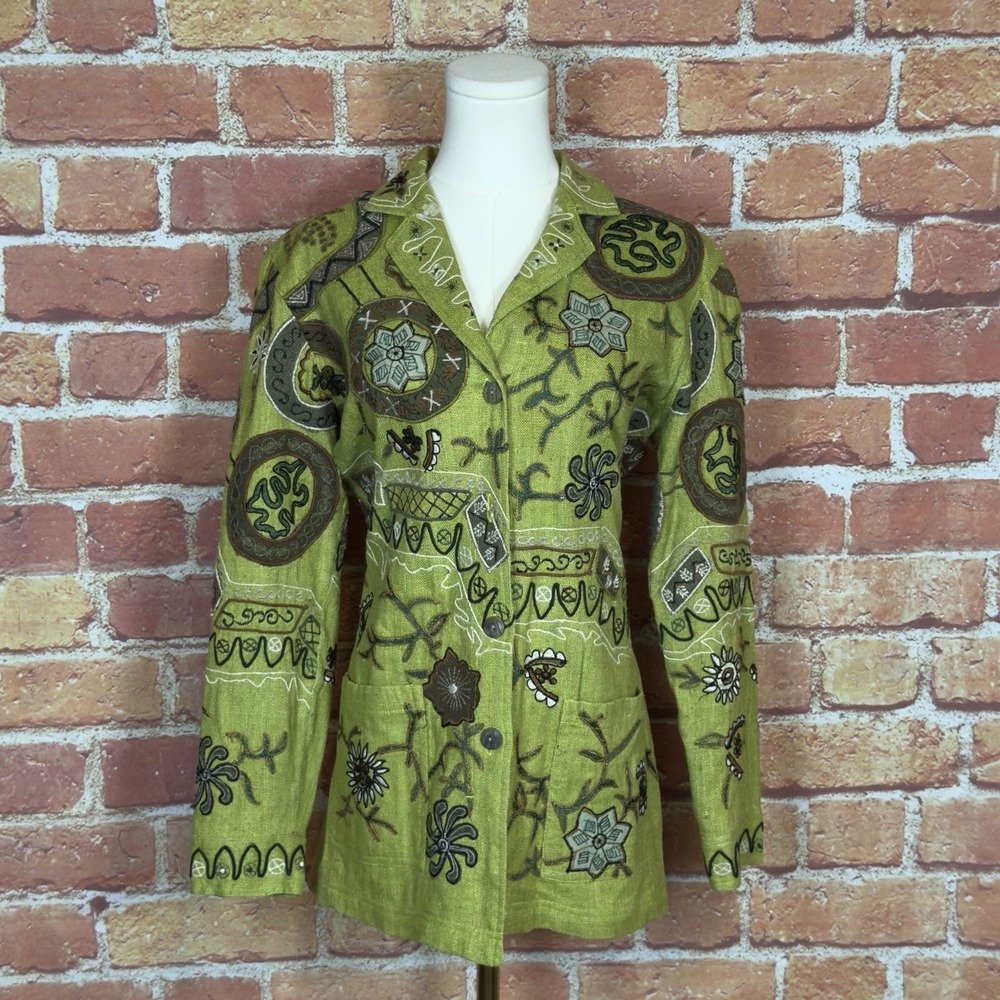 Vintage CHICO'S Lined 100% Silk Embroidered Green Tapestry Jacket Size 0 (US 4)